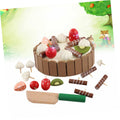 Wooden magnetic birthday cake toy for kids by Everything Baby, featuring chocolate and vanilla swirls with a cutting knife for pretend play.