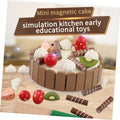 Wooden magnetic birthday cake toy for kids by Everything Baby, featuring chocolate and vanilla swirls with a cutting knife for pretend play.