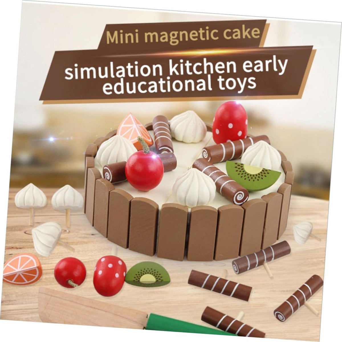 Wooden magnetic birthday cake toy for kids by Everything Baby, featuring chocolate and vanilla swirls with a cutting knife for pretend play.