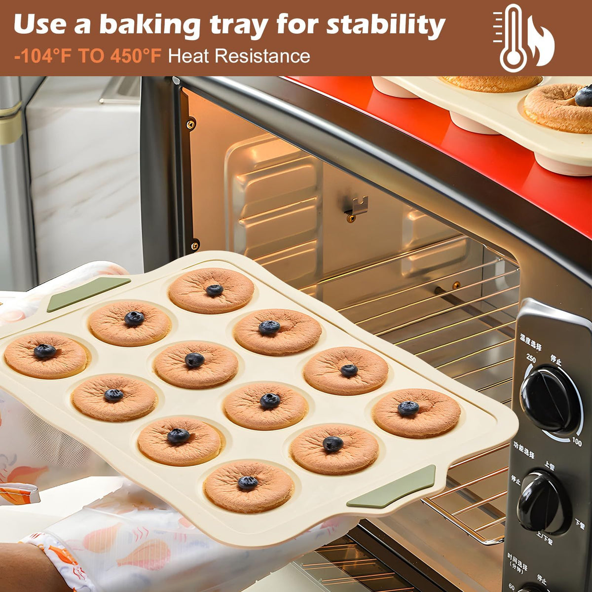 Beige silicone muffin pan with 12 nonstick cupcake molds for baking muffins and cupcakes, ideal for baby and kids feeding.