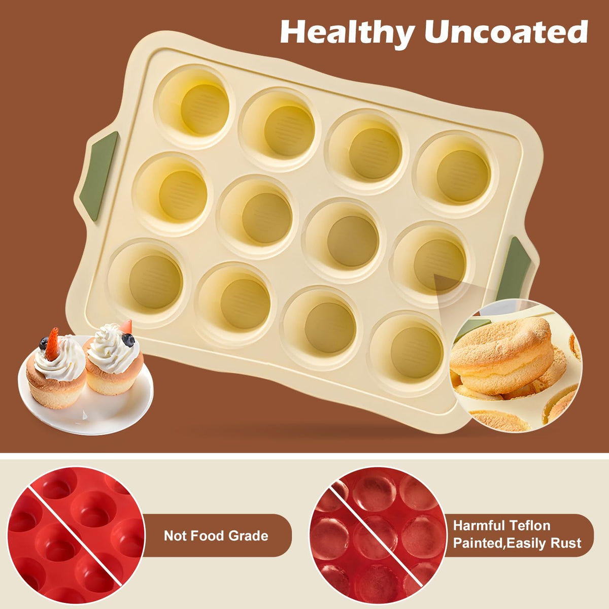 Beige silicone muffin pan with 12 nonstick cupcake molds, perfect for baking muffins and cupcakes.