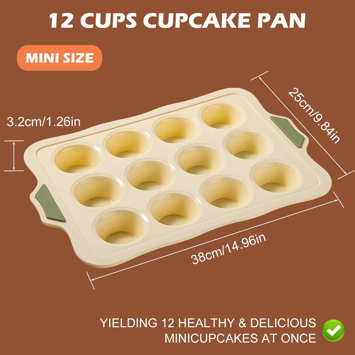 Beige silicone muffin pan with 12 nonstick cupcake molds, ideal for baking muffins and cupcakes in a baby and kids feeding setting.