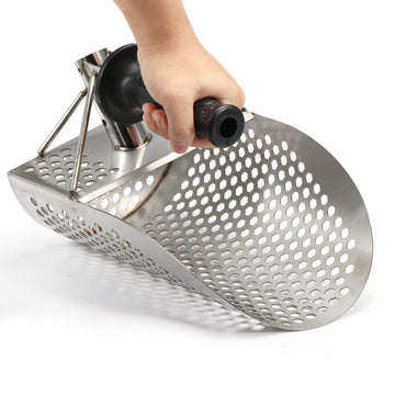 Stainless steel beach sand scoop with extra handle for metal detecting, outdoor water play, suitable for kids' outdoor toys.