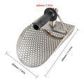 Stainless steel beach sand scoop with extra handle for metal detecting and outdoor play, designed for water and sand treasure hunting.