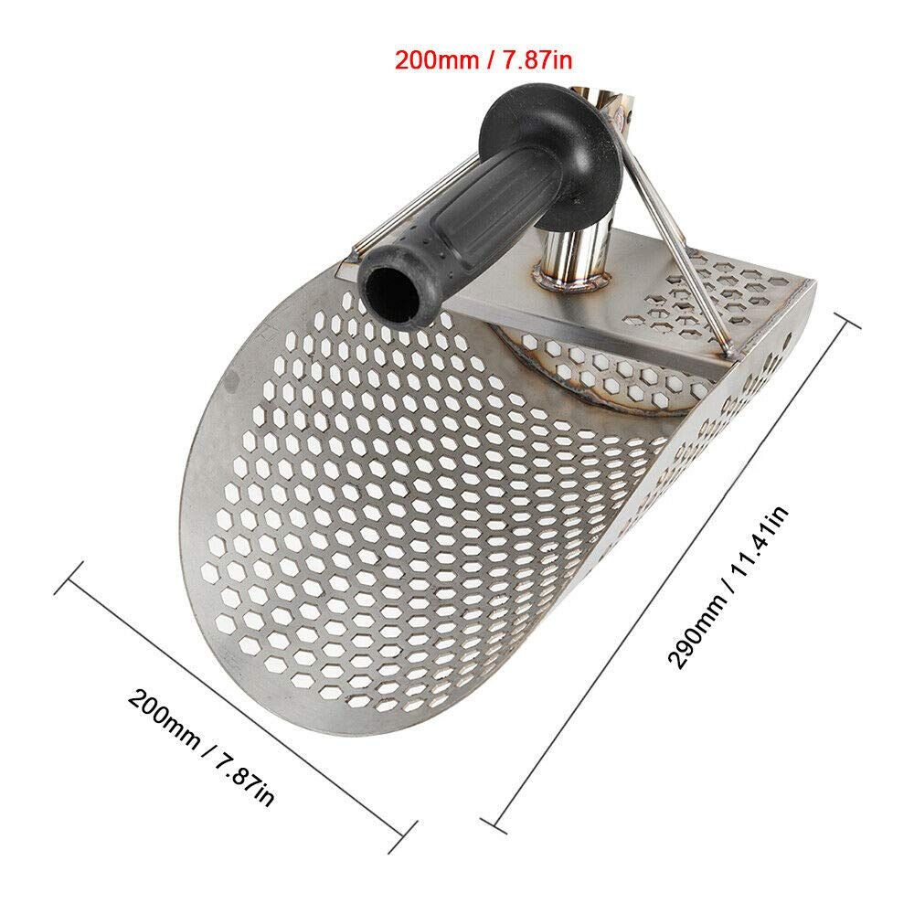 Stainless steel beach sand scoop with extra handle for metal detecting and outdoor play, designed for water and sand treasure hunting.