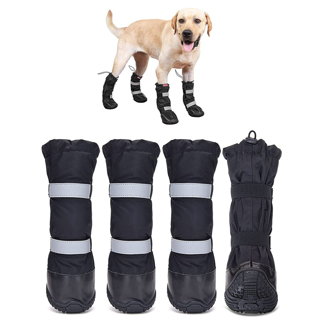 Black waterproof snowproof dog shoes, medium and large size, designed for outdoor protection in rain and snow.