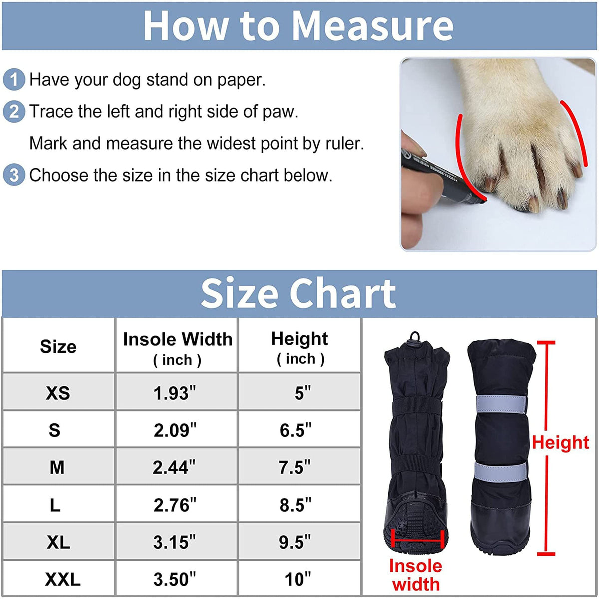 Black waterproof and snowproof dog long tube shoes in XL size, designed for medium and large dogs, ideal for rainy and snowy weather.