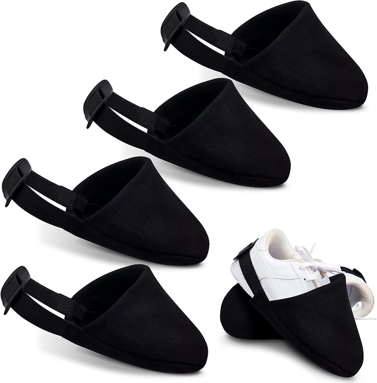 Two black bowling shoe covers from Everything Baby, designed for boys, used as protective sliders for bowling shoes.