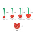 Five heart-shaped plastic measuring spoons set with egg separator and scoop for home kitchen baking and cooking.