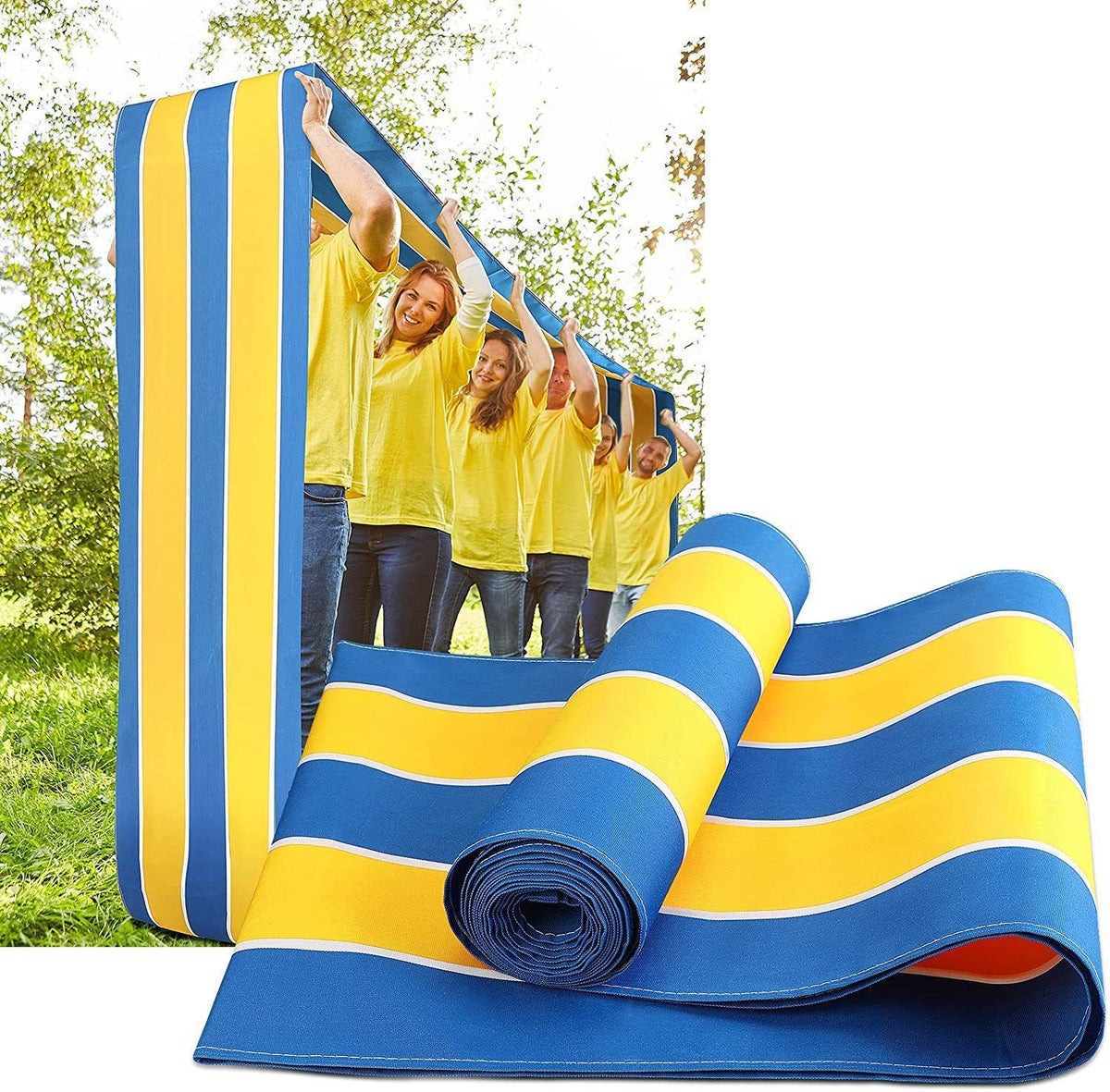 Kids and teens playing on a colorful teamwork game run mat for team building and pretend play by Everything Baby.