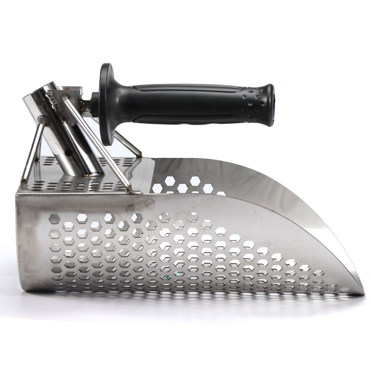 Heavy-duty stainless steel sand scoop for metal detecting, ideal for beach finds and outdoor digging with a durable metal detector tool