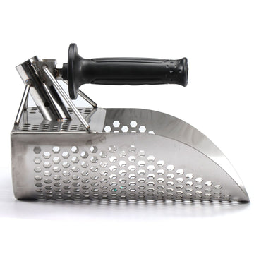 Heavy-duty stainless steel sand scoop for metal detecting, ideal for beach finds and outdoor digging with a durable metal detector tool