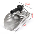 Heavy-duty stainless steel sand scoop for metal detecting, ideal for beach finds and outdoor digging by metal detector enthusiasts.