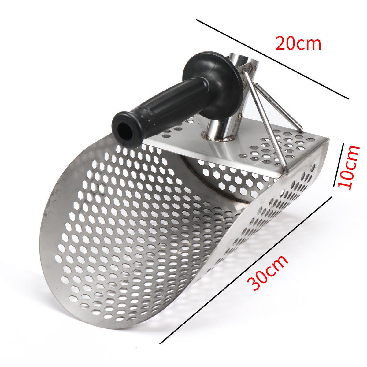 Heavy-duty stainless steel sand scoop for metal detecting, ideal for beach finds and outdoor digging by metal detector enthusiasts.