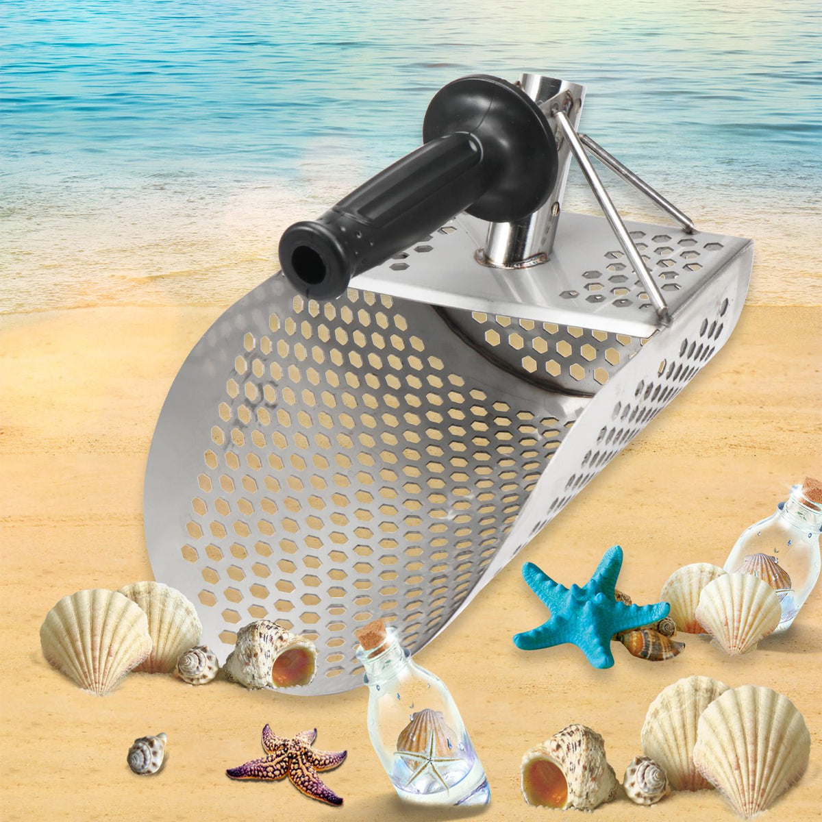 Heavy-duty stainless steel sand scoop for metal detecting, ideal for beach finds and outdoor digging, by Everything Baby.