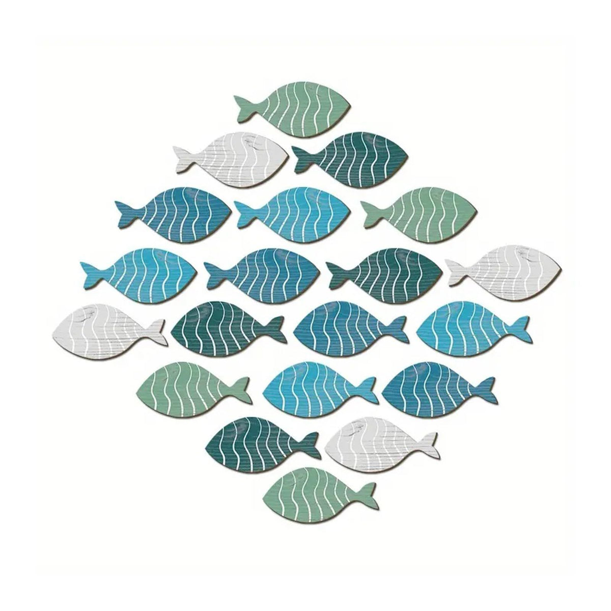 Set of 20 wooden fish wall decor pieces, colorful fish art hangings for beach-themed nursery or kids' room wall decoration.