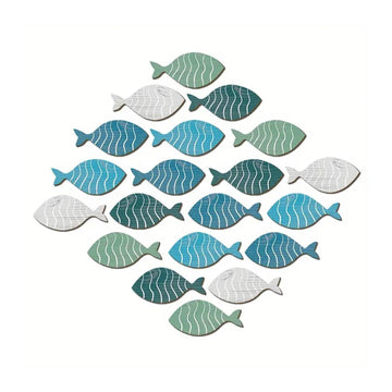 Set of 20 wooden fish wall decor pieces, colorful fish art hangings for beach-themed nursery or kids' room wall decoration.