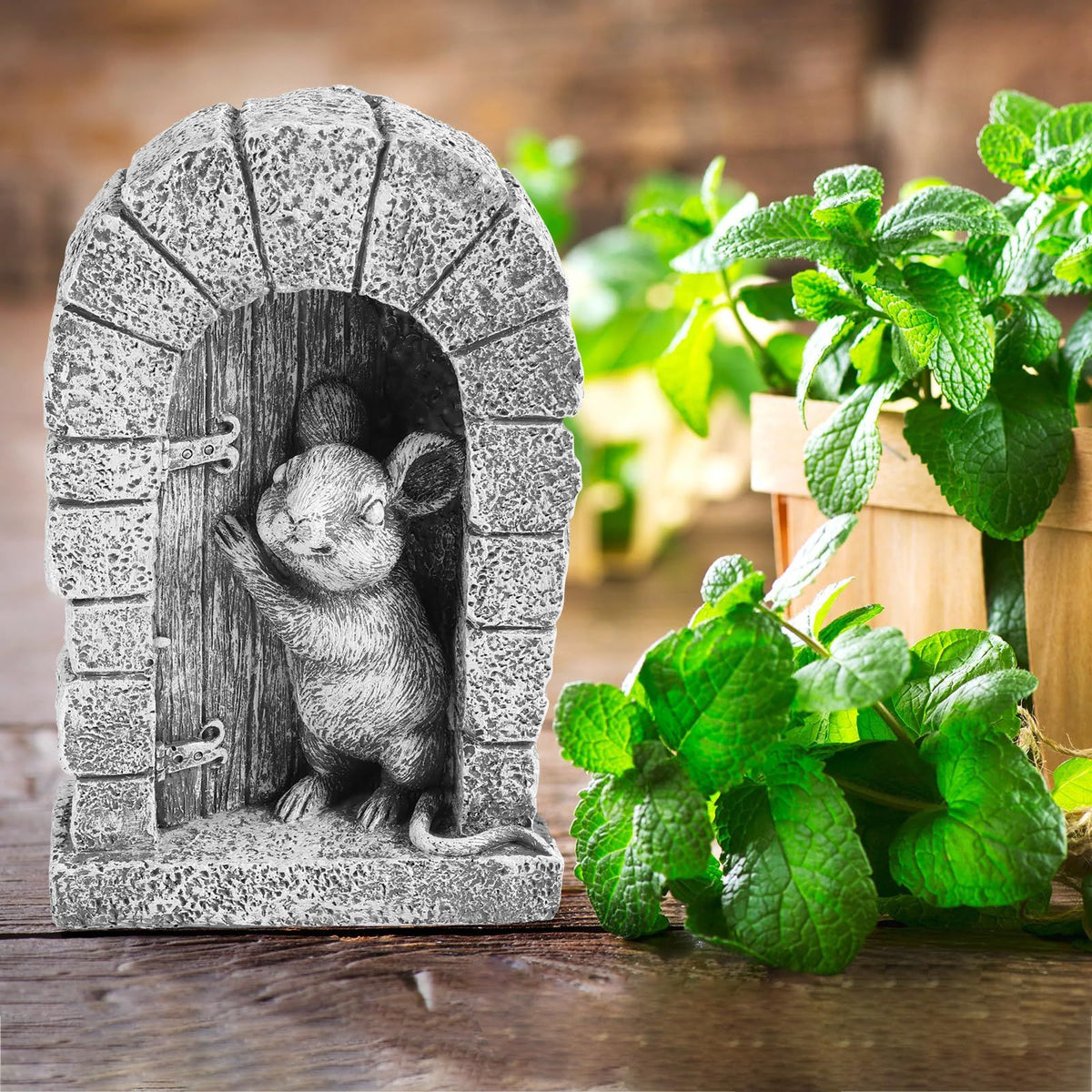 Playful mouse garden decor statue, baby mouse door stone figurine, outdoor and indoor animal sculpture by Everything Baby.