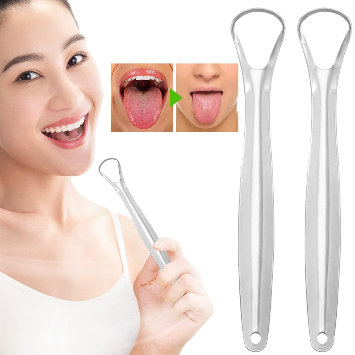 Two reusable tongue scrapers by Everything Baby for fresh breath and oral health, suitable for adults and kids.