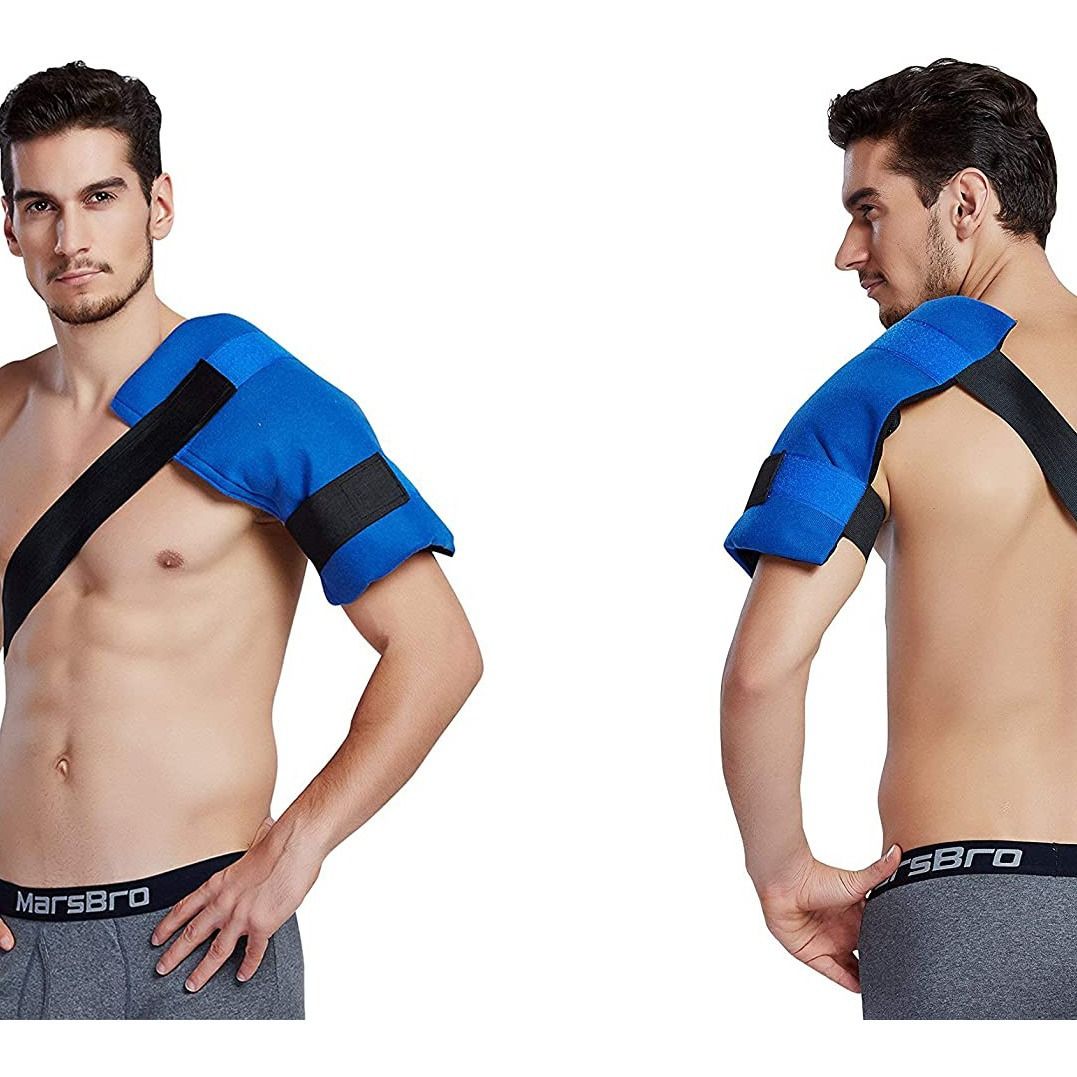Large flexible gel ice pack with straps for hot and cold therapy, ideal for shoulder, back, hip pain relief, by Everything Baby