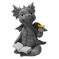 Baby dragon statue holding a book with butterfly figurines, outdoor garden art sculpture for kids' outdoor play and decor.