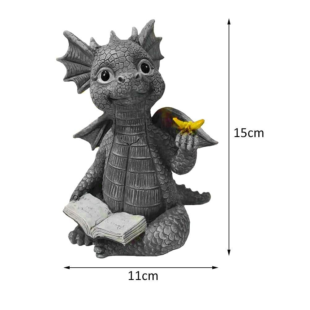 Baby dragon reading a book sculpture, outdoor garden statue with butterfly, whimsical dinosaur figurine for garden decor