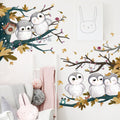 Cute cartoon owl wall stickers for kids and babies, removable vinyl decals ideal for bedrooms and play areas.