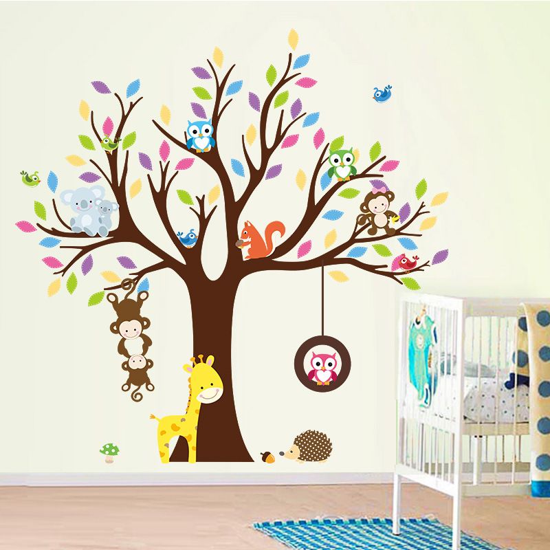Cartoon animal monkey and owl tree wall stickers for kids' rooms, nursery, or classroom decor by Everything Baby.