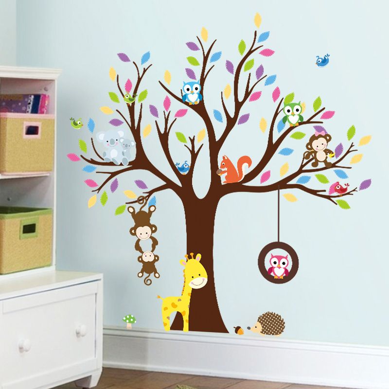 Cartoon animal monkey and owl tree wall stickers for kids' rooms and classrooms, colorful pretend play decor by Everything Baby