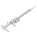 Vernier caliper measuring tool with dual reading scale, made of carbon steel, for precise inch and metric measurements.