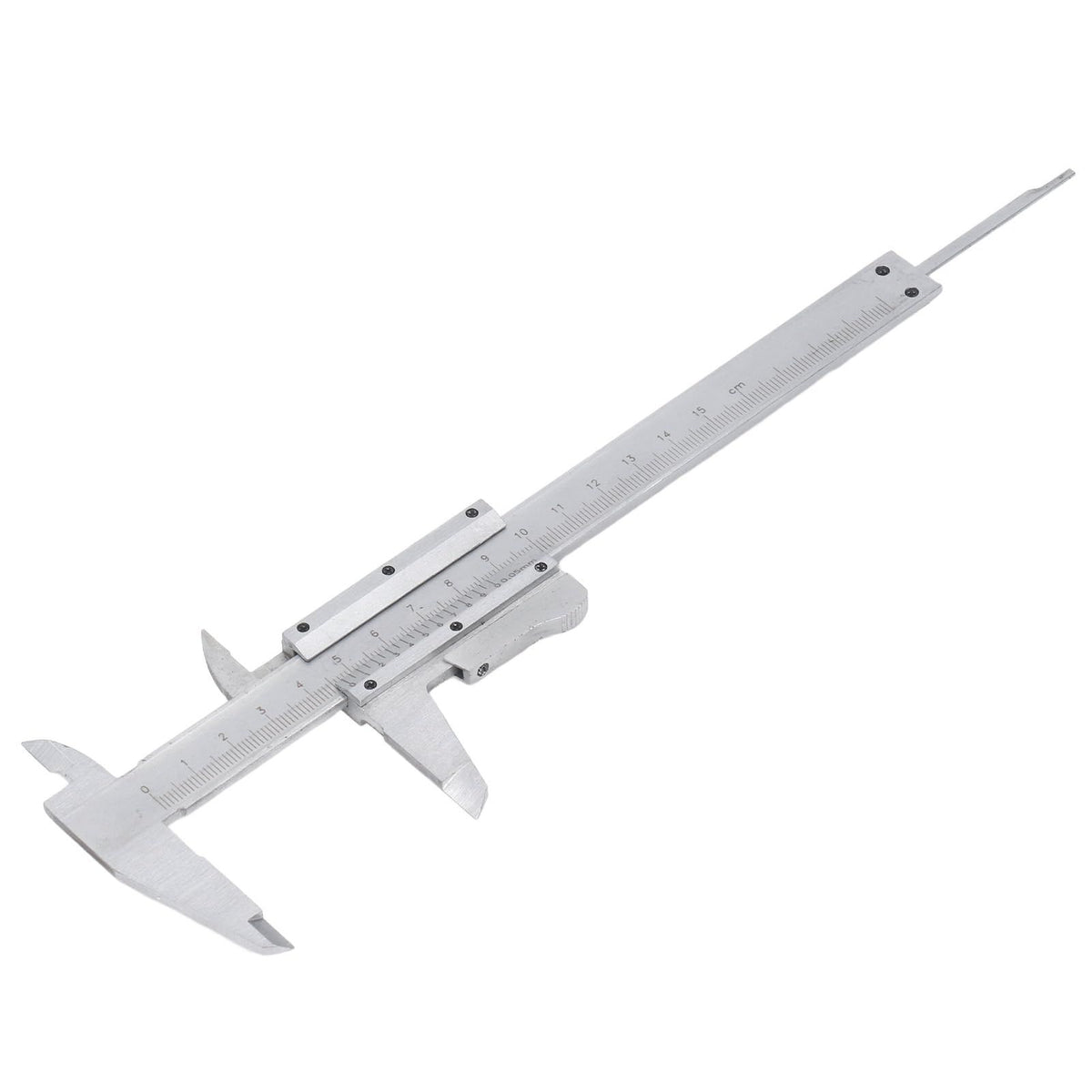Vernier caliper measuring tool with dual reading scale, made of carbon steel, for precise inch and metric measurements.