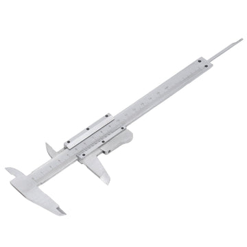 Vernier caliper measuring tool with dual reading scale, made of carbon steel, for precise inch and metric measurements.