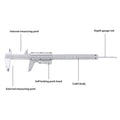 Vernier caliper measuring tool with dual metric and inch scale, made of carbon steel, used for precise measurements in professional settings.