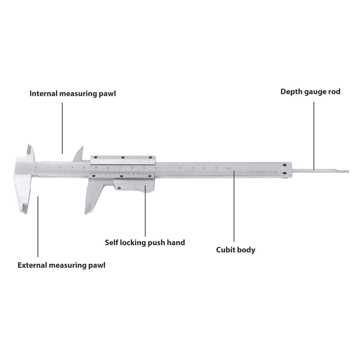 Vernier caliper measuring tool with dual metric and inch scale, made of carbon steel, used for precise measurements in professional settings.