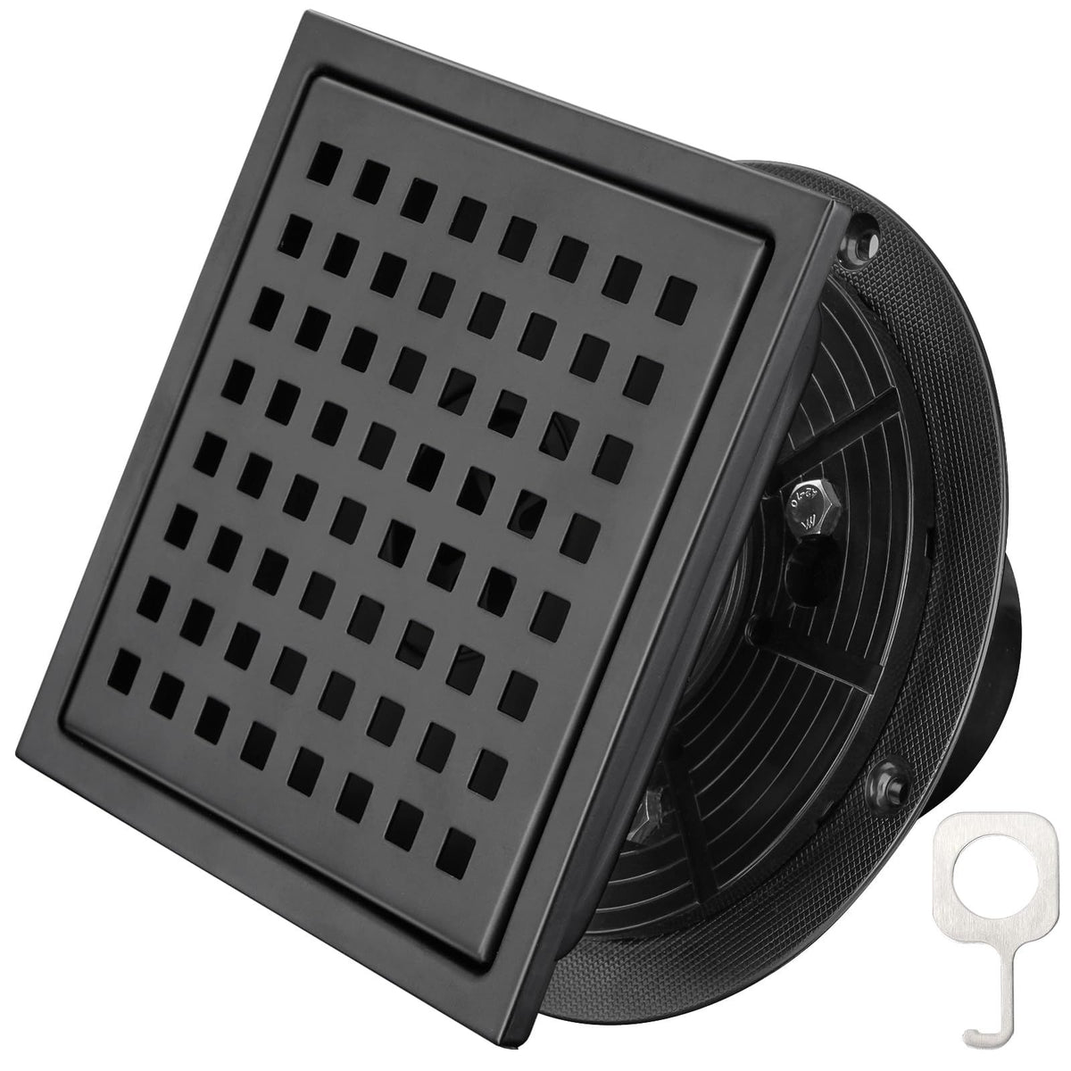 Square floor shower drain with lattice perforated pattern and removable grate, rustproof, suitable for easy cleaning and durable use.