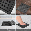 Square floor shower drain with lattice pattern and removable grate, rustproof construction, designed for easy cleaning and durable use.
