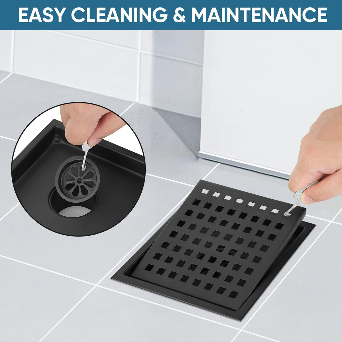 Rustproof square floor shower drain with lattice pattern and removable grate, designed for easy cleaning and durable use.