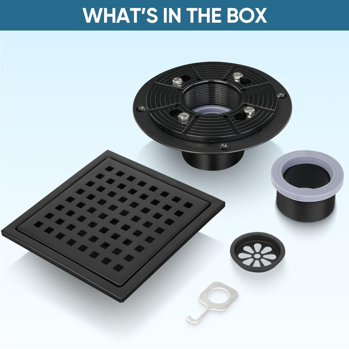 Square floor shower drain with lattice pattern and removable grate, rustproof material, designed for easy cleaning.