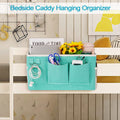 Green bedside storage bag hanging organizer for dorm beds, holds glasses, books, phones, and keys, by Everything Baby.