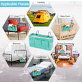 Green bedside storage bag hanging organizer for kids' beds, holds glasses, books, phones, and keys on bed rails.