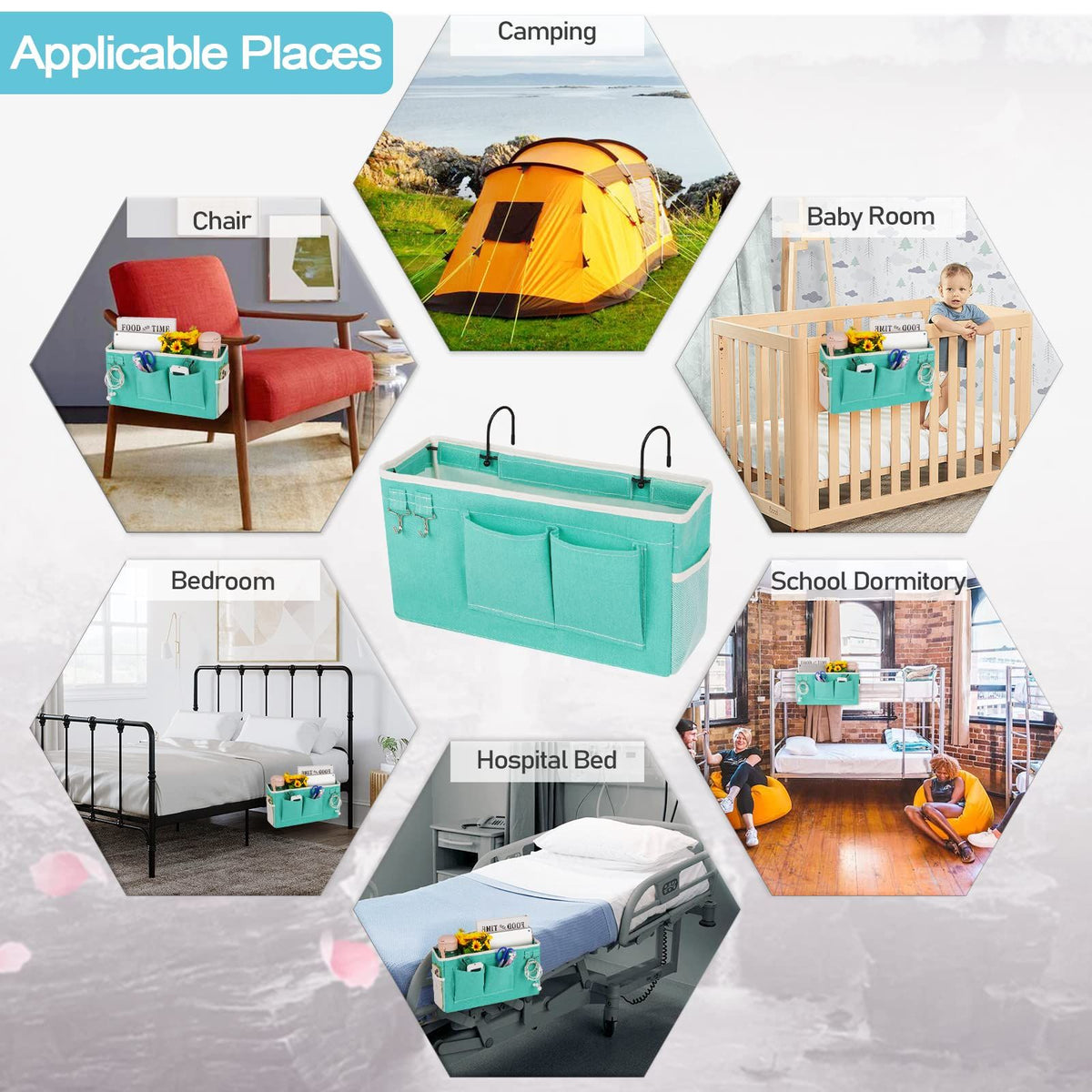 Green bedside storage bag hanging organizer for kids' beds, holds glasses, books, phones, and keys on bed rails.