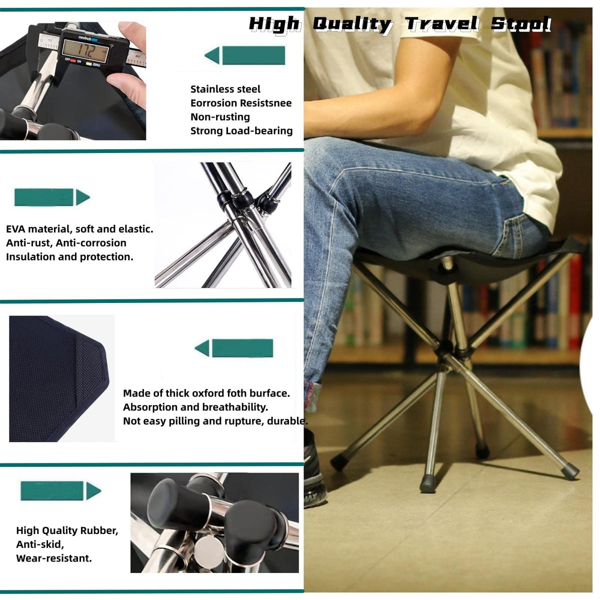 Portable stainless folding camping stool with retractable design for outdoor use, suitable as a foot rest or small outdoor seat.