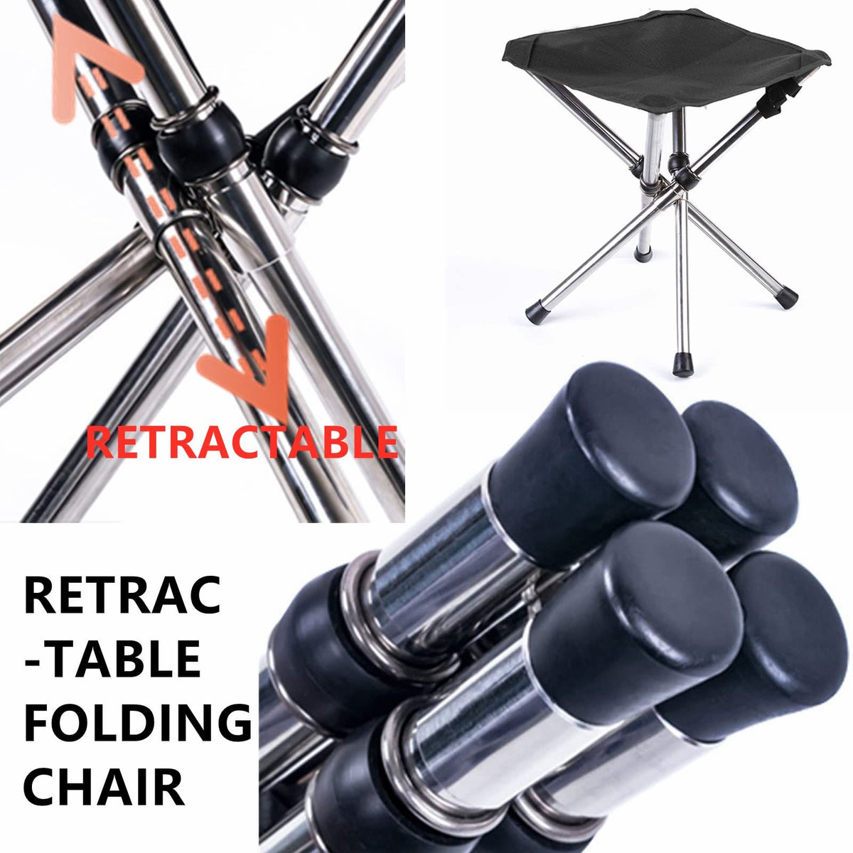 Portable stainless steel outdoor camping stool, foldable and compact, suitable for kids' outdoor play and camping adventures.
