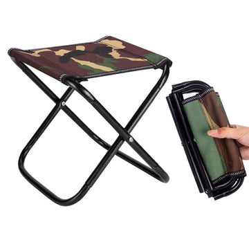 Mini portable folding camping and fishing stool with carry bag, suitable for outdoor activities like hiking, gardening, and beach use.