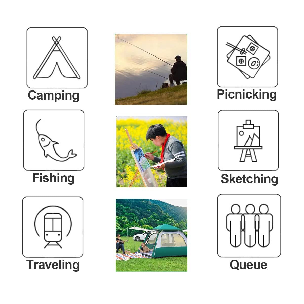 Mini portable folding camping and fishing stool with carry bag, suitable for outdoor activities like hiking, gardening, and beach outings.