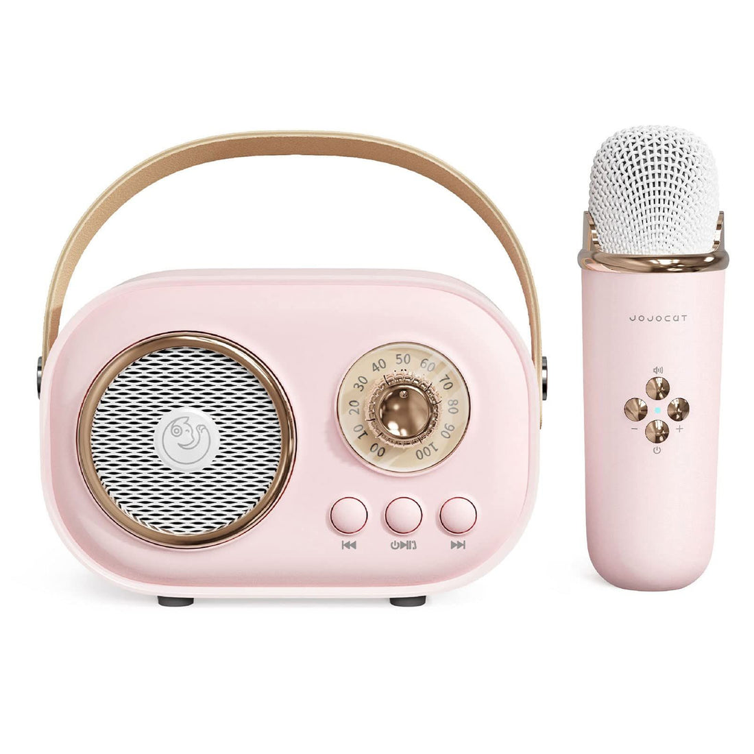 Pink mini karaoke machine with microphone, portable Bluetooth speaker for kids and adults, featuring colorful design and musical toy features.