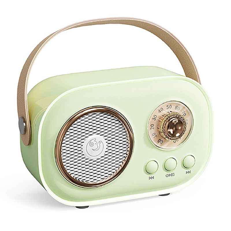 Green mini karaoke machine for kids with portable Bluetooth speaker and wireless microphone, perfect musical toy for children.