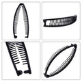 Three banana-shaped hair combs and clips in fish and ponytail styles, designed for girls' long hair by Everything Baby.
