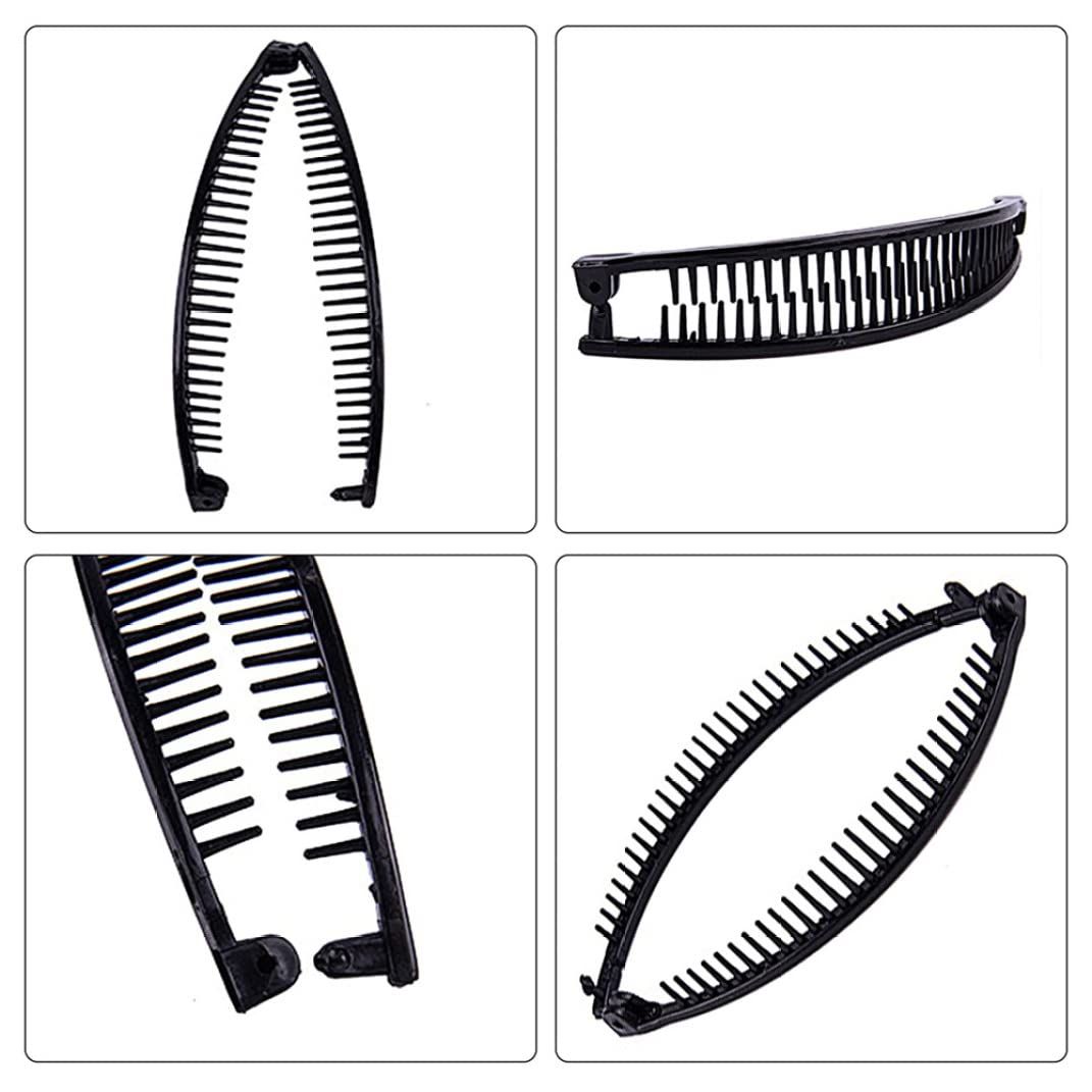 Three banana-shaped hair combs and clips in fish and ponytail styles, designed for girls' long hair by Everything Baby.