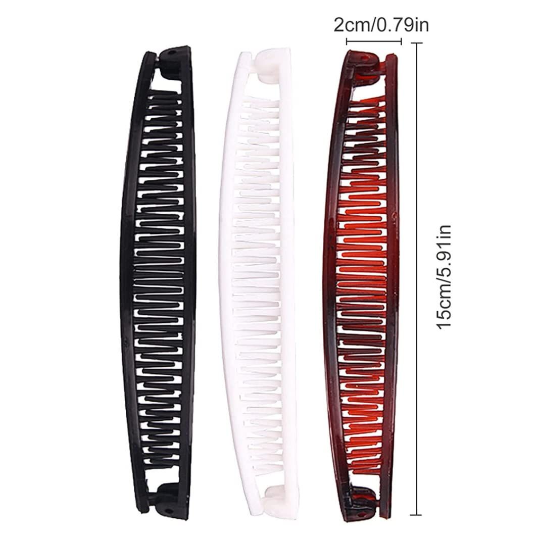 Three banana-shaped hair combs and clips featuring fish and ponytail designs, suitable for girls and kids' hair styling.